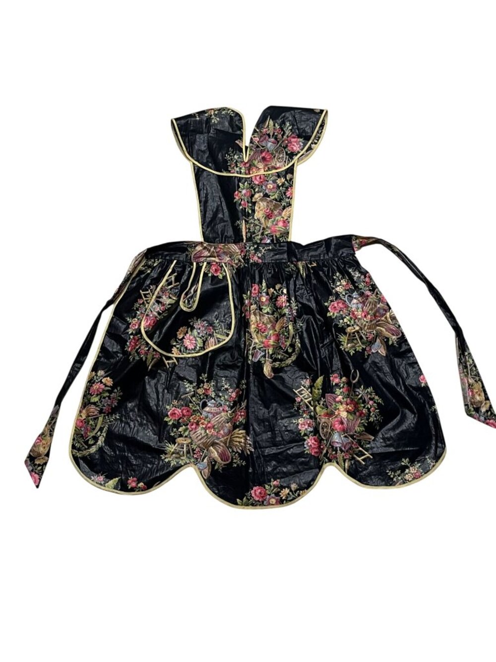 Vintage Waxed Cotton Black Floral Bib Apron Scalloped Hem Pocket Apron